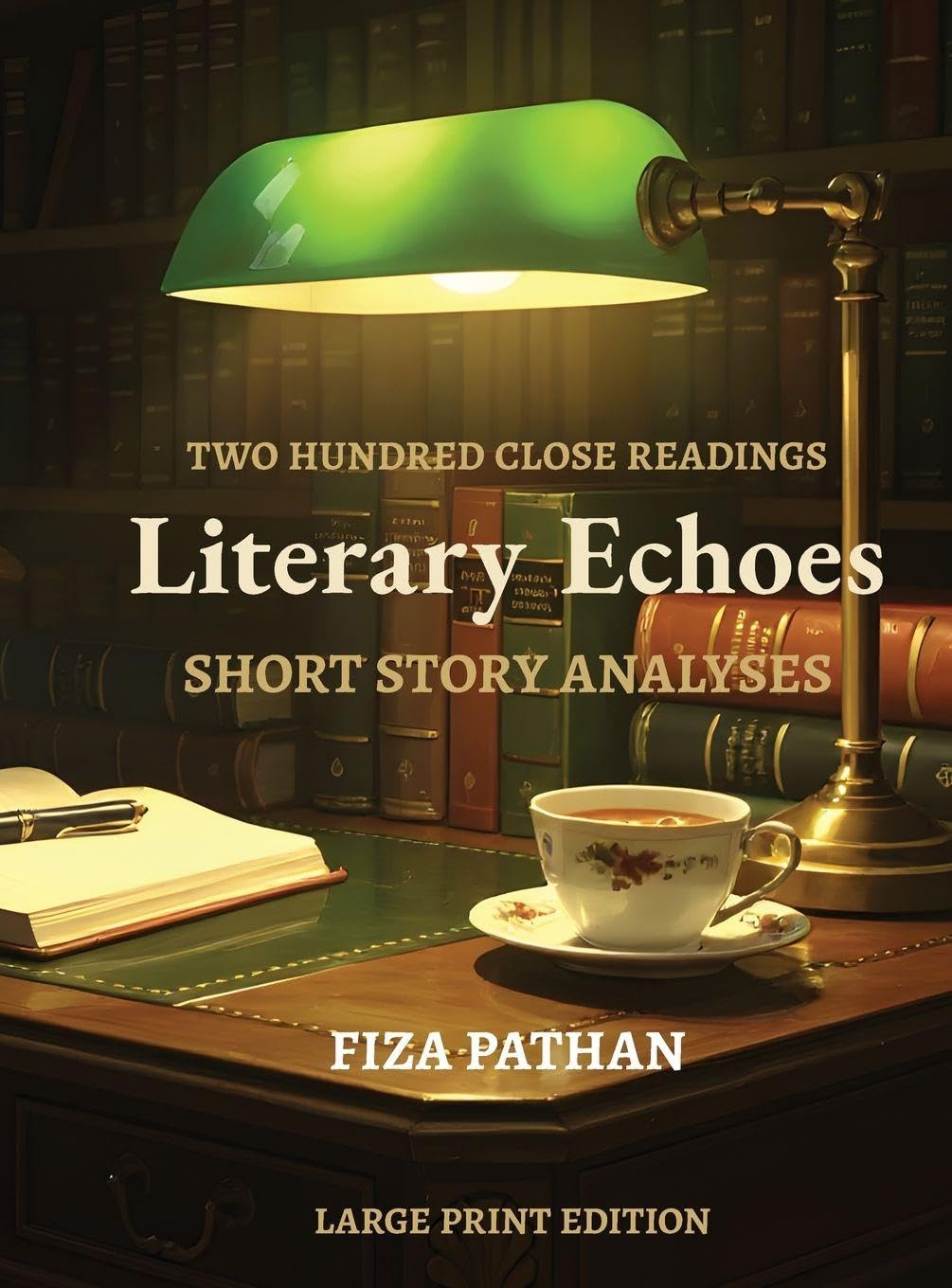 Book cover for Literary Echoes by Fiza Pathan two hundred close readings short story analyses large print edition desk lamp viewed
